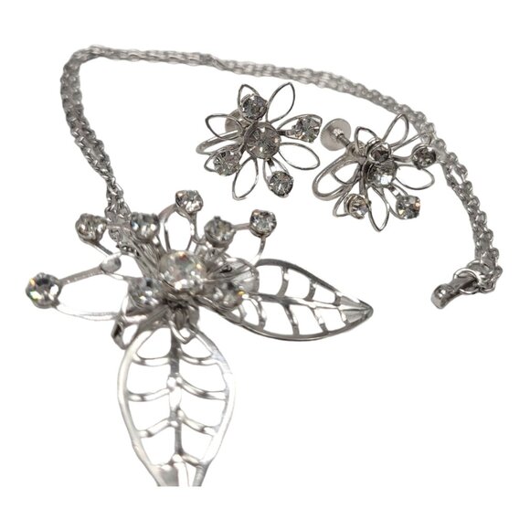 Vtg Signed B N Rhinestone Flower Leaf Necklace Earrings Set Demiparure Brooch Pe - Picture 12 of 16